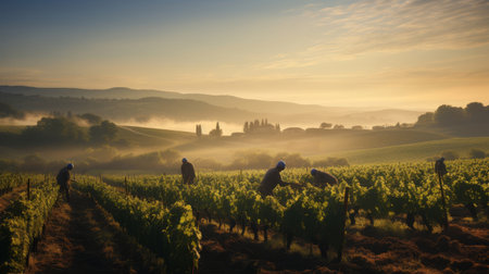 Roman vineyard at sunrise workers harvesting grapes peaceful countrysideの素材