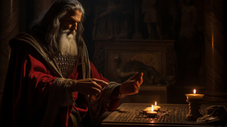 Roman oracle consulting spirits in dimly lit sacred chamber guidance offeredの素材