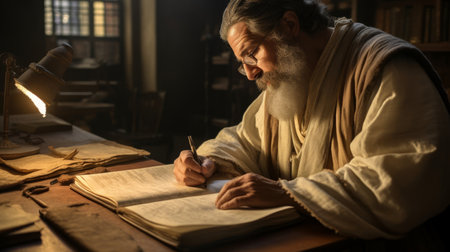 Roman scholar transcribing ancient texts onto parchment preserving knowledgeの素材