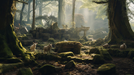 Pan's sacred forest with playful satyrs and rustic altarsの素材