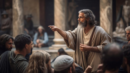 Greek philosopher conducting philosophical debate in bustling agoraの素材