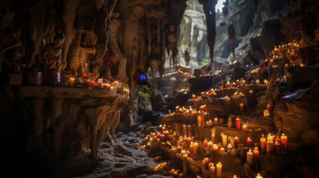 sacred Greek cave filled with votive offerings pilgrims seek divine guidanceの素材