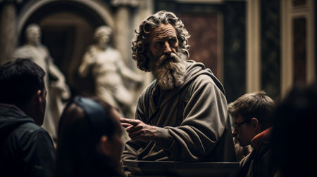 Roman philosopher engages in philosophical dialogue with students exploring profound ideasの素材