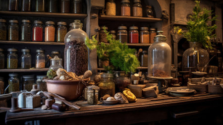 Roman herbalist's stall displaying healing herbsの素材