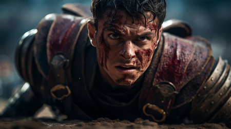 Gladiator surprises foes emerging from hidden arena doorの素材