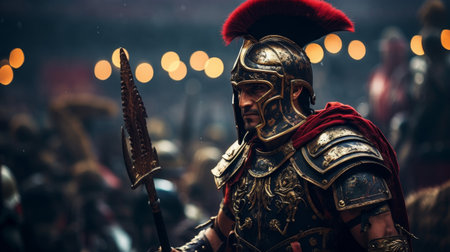 Roman warrior adorned in ornate armor prepares for battleの素材