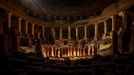 Secret underground society gathering in the hidden chambers of a Roman coliseum illuminated by candlelightの素材