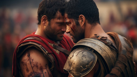 Gladiatorial combatant's emotional reunion with a loved one in the Roman coliseum's heartの素材
