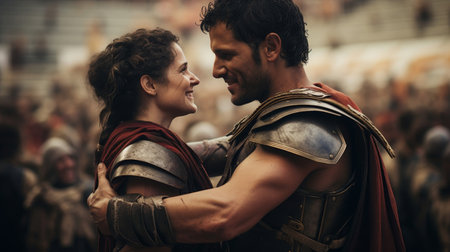 Gladiatorial combatant's heartfelt reunion with a loved one in the heart of the Roman coliseumの素材