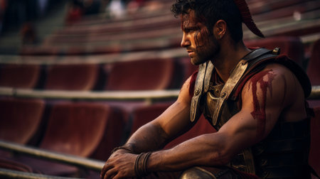 Gladiator meditates in the Roman coliseum gathering inner strength before battleの素材