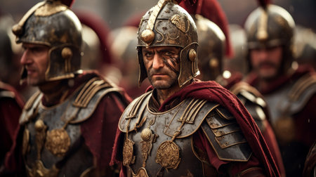 Roman Legionnaires in full armor military drill demonstrationの素材