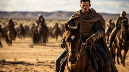 Roman Legionnaire on horseback leading a cohort in arid landsの素材