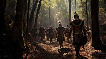 Roman Legionnaires on a long march through dense forestの素材
