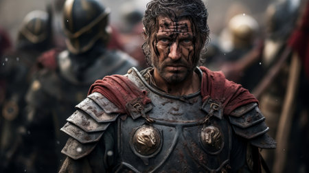 Roman Legionnaire battle-worn standing firm against enemy hordeの素材