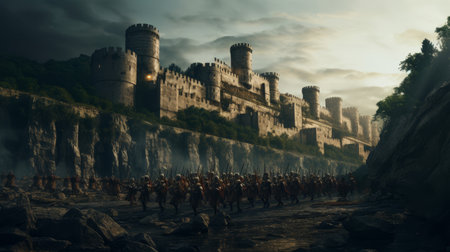 Roman Legionnaires constructing stone fortress along empire's borderの素材