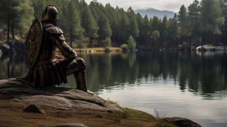 Roman Legionnaire finds peace by lakeの素材