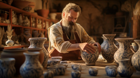 Roman potter crafting ceramic vases adorned with detailed patternsの素材