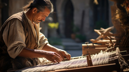 Roman weaver in tunic creating intricate patterns on large loomの素材