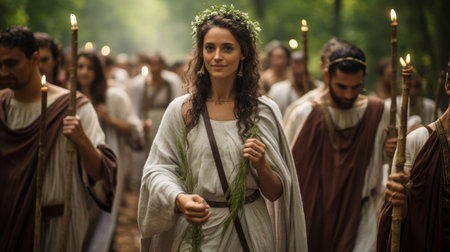 Roman priestess in robe leading worshipers to sacred groveの素材