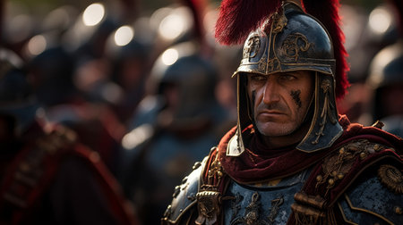 Centurion in meticulously detailed armor reviewing legion's formationの素材