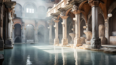 Roman bathhouse featuring intricate marble detailing and heated poolsの素材