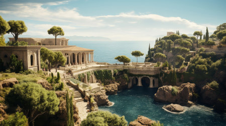 Roman villa perched on cliff overlooking Mediterraneanの素材