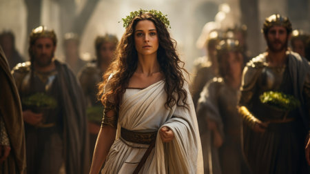 Roman priestess leading worshipers to sacred grove for religious festivalの素材