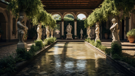 Roman villa's courtyard mosaic-lined pool statues lush greeneryの素材