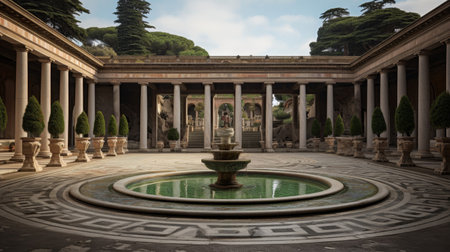 Roman villa's peristyle garden surrounded by colonnades central courtyard with mosaic fountainの素材