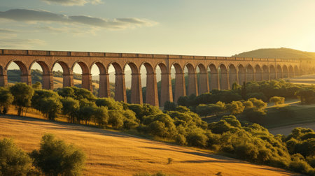 Roman aqueduct's monumental arches across sun-drenched countrysideの素材