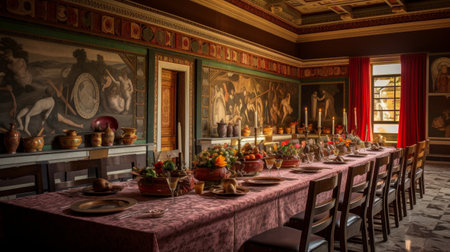 Roman villa's opulent dining room adorned with frescoes lavish feastsの素材