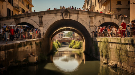 Roman bridge bustling with market activityの素材