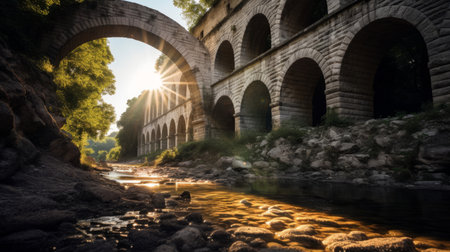 Roman aqueduct's water flowing through graceful arches shadows belowの素材