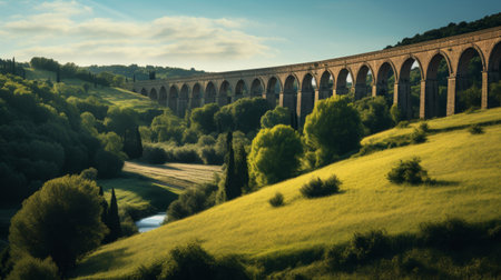 Roman aqueduct's elevated waterway curves through countrysideの素材