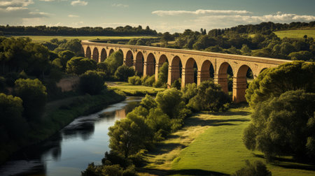 Roman aqueduct's elevated waterway curves in countrysideの素材