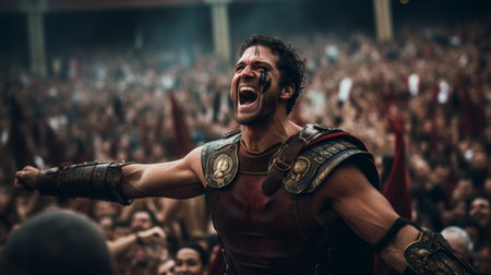 Triumphant gladiator celebrates victory at Circus Gamesの素材