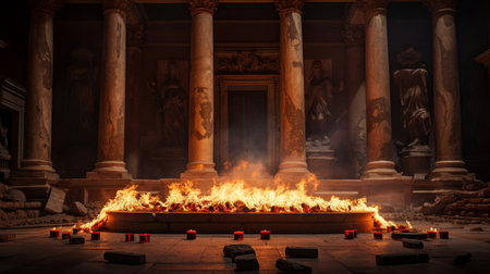 Perpetual fire flickers on altar of Roman temple representing divine flameの素材
