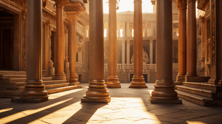 Inner sanctum of a Roman temple bathed in golden lightの素材