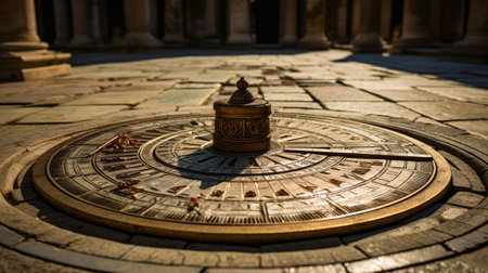 Intricate sundial in a Roman temple's courtyardの素材