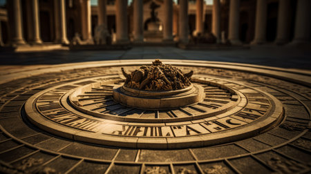 Intricate sundial in a Roman temple's courtyardの素材