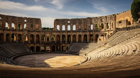 Grand amphitheater by a Roman temple hosting performancesの素材