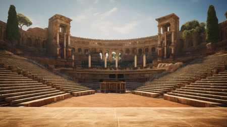 Grand amphitheater by a Roman temple hosting performancesの素材