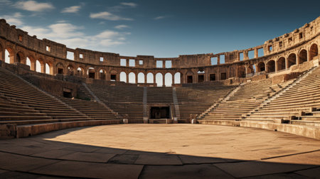 Grand amphitheater by a Roman temple hosting performancesの素材