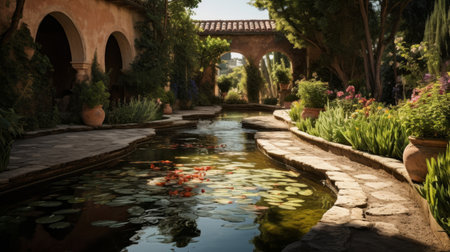 Roman villa's private garden serene with a koi pondの素材