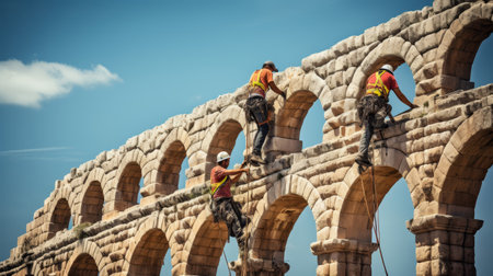 Roman aqueduct's maintenance workers inspecting and repairing archesの素材