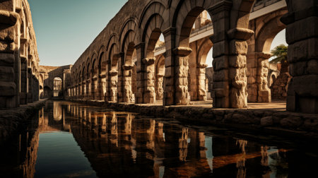 Roman aqueduct's distribution point in city supplies waterの素材