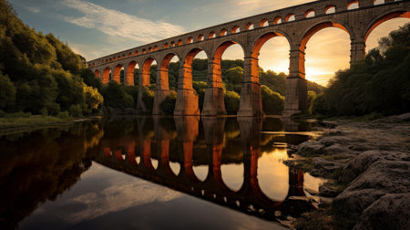 Roman aqueduct's majestic reflection in river showcases beautyの素材
