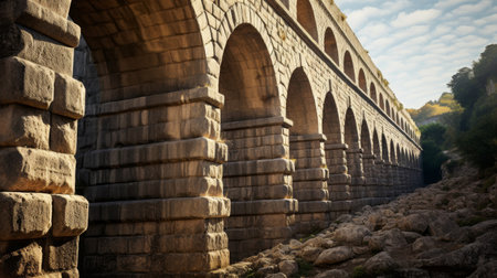 Roman aqueduct's network of stone channels and arches water through countrysideの素材