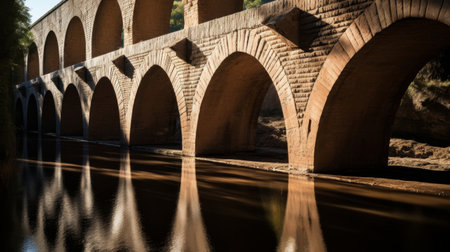 Roman aqueduct's water flowing through graceful arches casting shadowsの素材