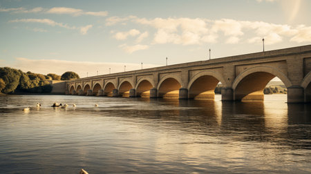 Roman aqueduct's reservoir serene with gliding swansの素材